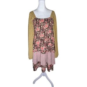 Flamingo Ranch BOHO Babydoll Floral Smocked Tiered Mini Dress Yellow Pink XL